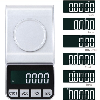 Točna vaga za nakit, model 188A, raspon kapacitete 50 g/0.001 g, dimenzije 7.4×14.2×3.6 cm, elektronička, napajanje USB ili 2x AAA