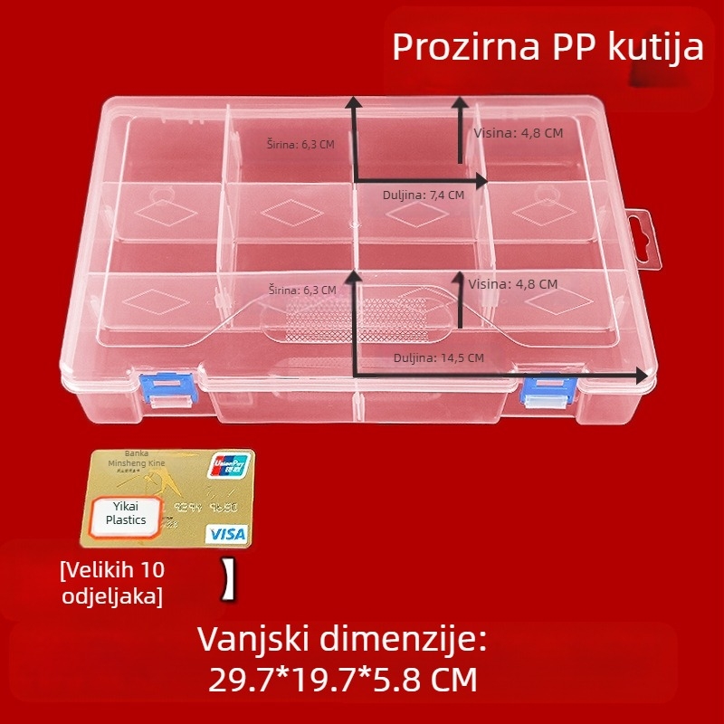 Velika kutija za pohranu s 10 pretinaca, uklonjiva, višefunkcionalna, od PP plastike, s poklopcem, za organiziranje naljepnica i kartica