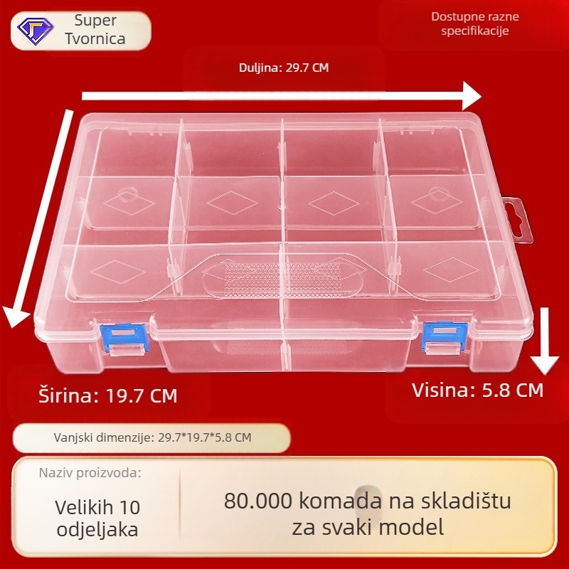 Velika kutija za pohranu s 10 pretinaca, uklonjiva, višefunkcionalna, od PP plastike, s poklopcem, za organiziranje naljepnica i kartica