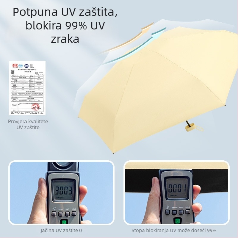 Kišobran kapsulnog oblika za žene, s 6 rebara, 210T tkanina, UPF >40, ručno otvaranje i zatvaranje, težina 220 g