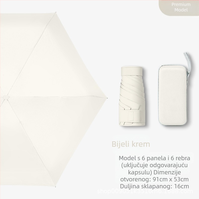 Kišobran kapsulnog oblika za žene, s 6 rebara, 210T tkanina, UPF >40, ručno otvaranje i zatvaranje, težina 220 g