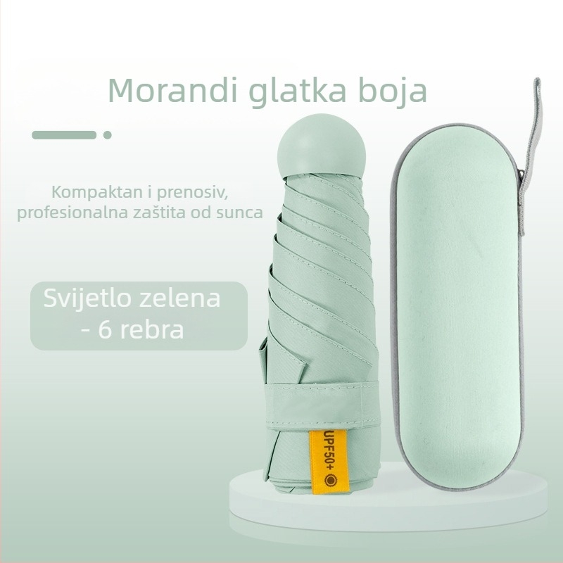 Kišobran kapsulnog oblika za žene, s 6 rebara, 210T tkanina, UPF >40, ručno otvaranje i zatvaranje, težina 220 g
