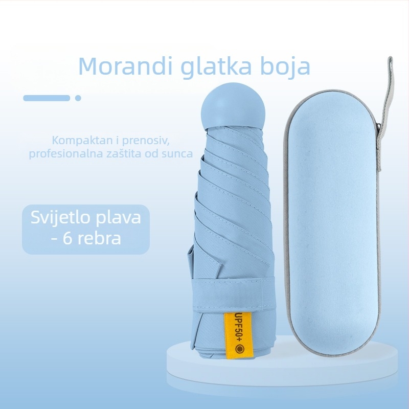 Kišobran kapsulnog oblika za žene, s 6 rebara, 210T tkanina, UPF >40, ručno otvaranje i zatvaranje, težina 220 g