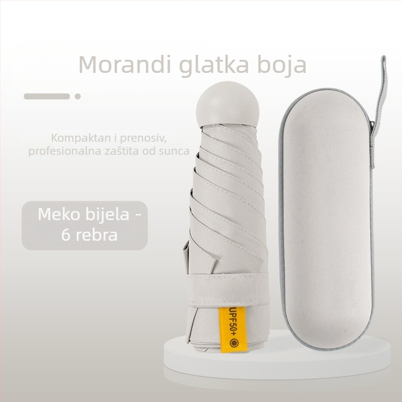 Kišobran kapsulnog oblika za žene, s 6 rebara, 210T tkanina, UPF >40, ručno otvaranje i zatvaranje, težina 220 g