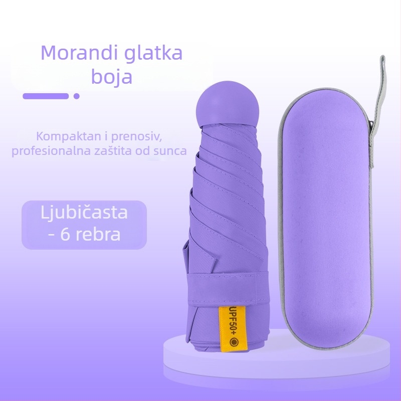Kišobran kapsulnog oblika za žene, s 6 rebara, 210T tkanina, UPF >40, ručno otvaranje i zatvaranje, težina 220 g