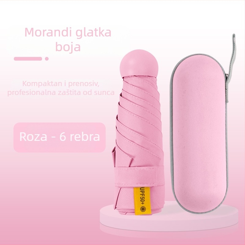 Kišobran kapsulnog oblika za žene, s 6 rebara, 210T tkanina, UPF >40, ručno otvaranje i zatvaranje, težina 220 g