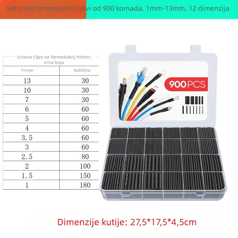 Set cijevi za toplinsko skupljanje, 900 kom., omjer skupljanja 2:1, poliolefin otporan na vatru VM-1, ROHS certifikat