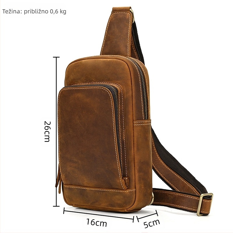 Muška torbica za prsa od prave kože, model 9330Z – prvi sloj kravljeg kože, otporna na habanje, jednofarbna, podstava od poliestera i pamuka, crossbody nošenje