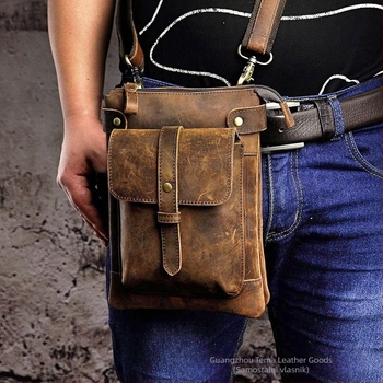 Muška torbica za pojas od retro Crazy Horse kože, prava koža, vodootporna, podstava od poliestera