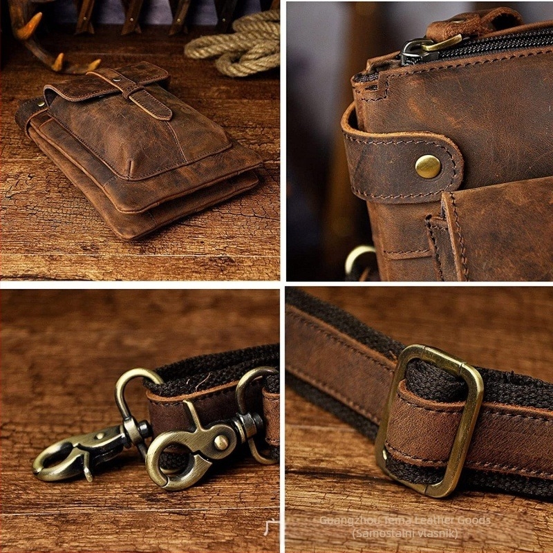 Muška torbica za pojas od retro Crazy Horse kože, prava koža, vodootporna, podstava od poliestera