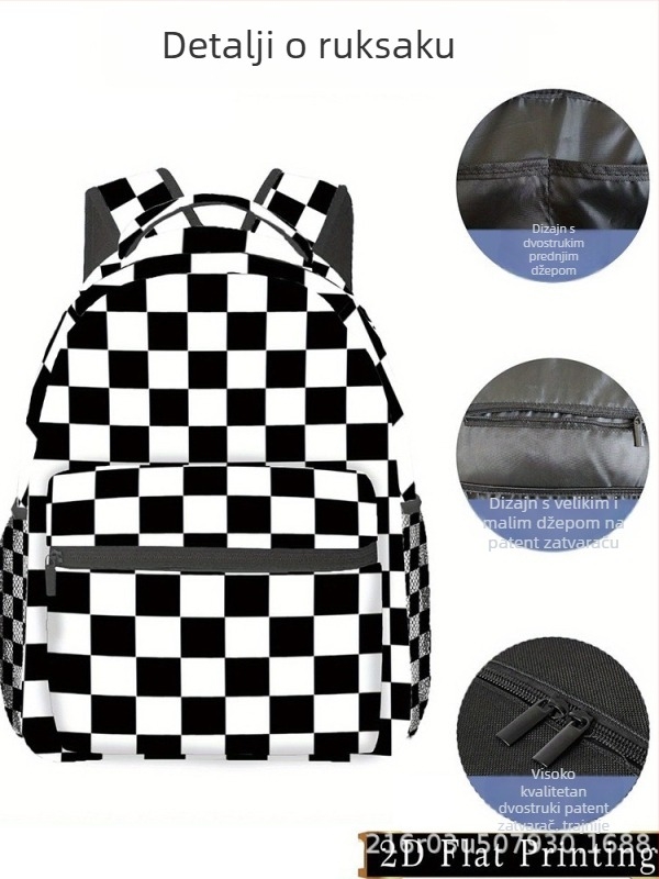 Unisex školski ruksak – Veliki kapacitet, karirani uzorak, poliester tkanina, zakrivljene naramenice, dizajn prilagođen skladištenju (Poliester tkanina, Karirani uzorak, Veliki kapacitet, Zakrivljene naramenice, Dizajn prilagođen skladištenju)