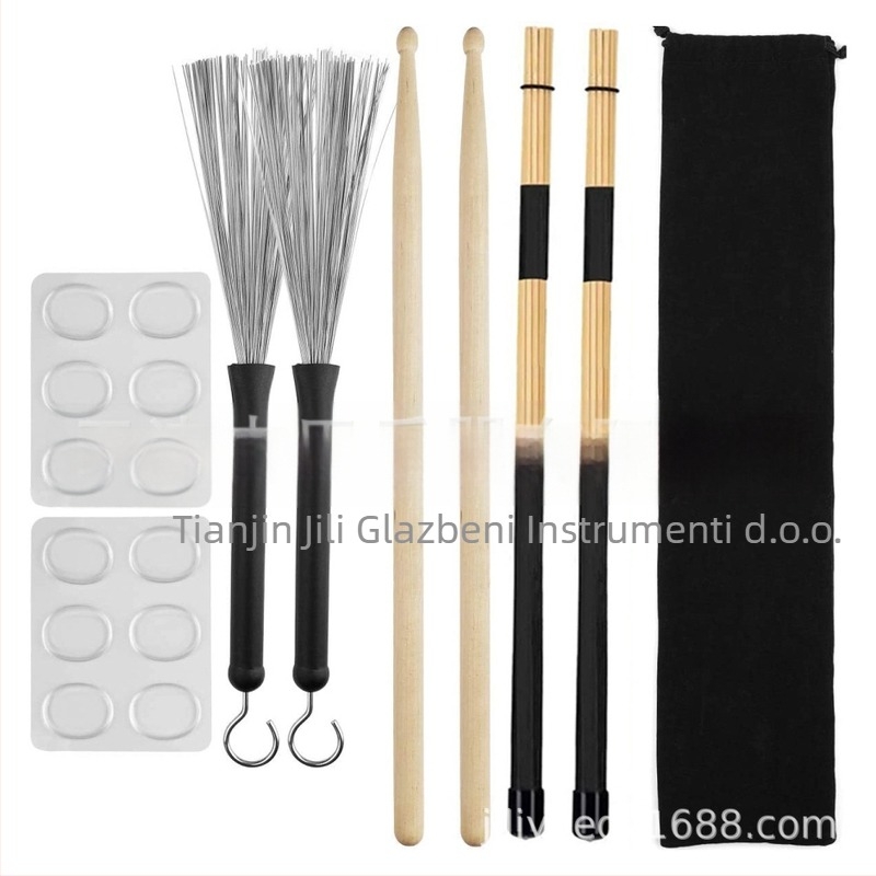 Set četkica za bubnjeve s javorovim štapićima (19 komada), baršunasta torbica i podložak za utišanje