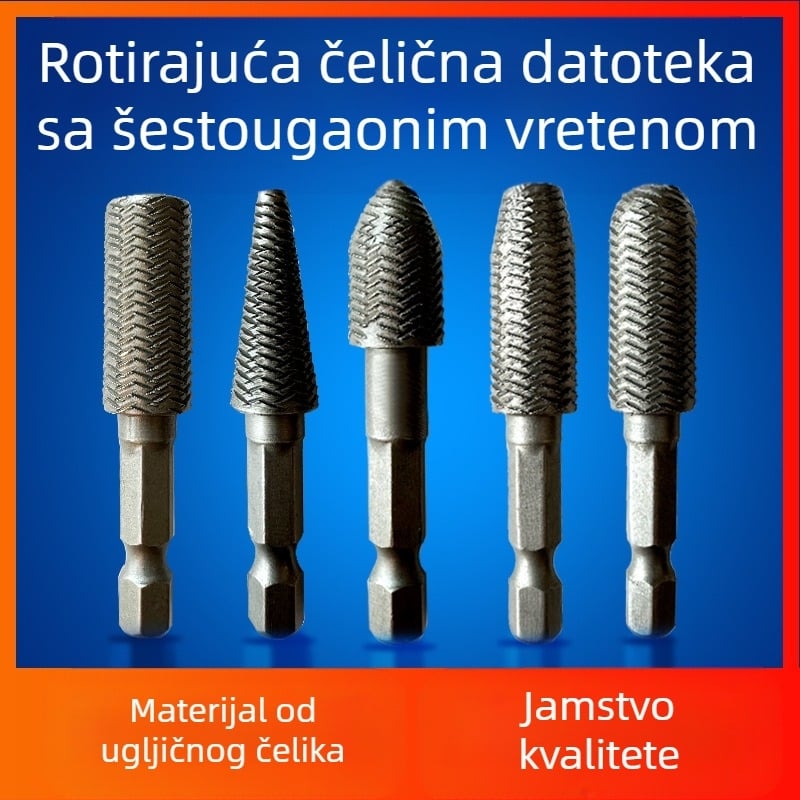 Drveni rotacijski fajl set s šesterokutnom držačem, karbonska čelika, Hongtai 00000, 5 komada