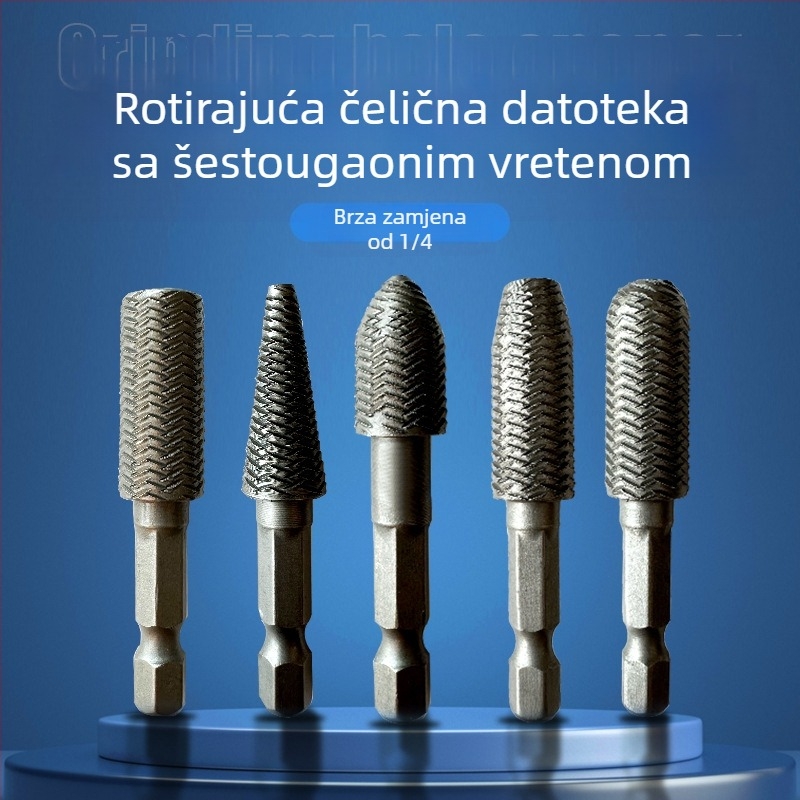 Drveni rotacijski fajl set s šesterokutnom držačem, karbonska čelika, Hongtai 00000, 5 komada