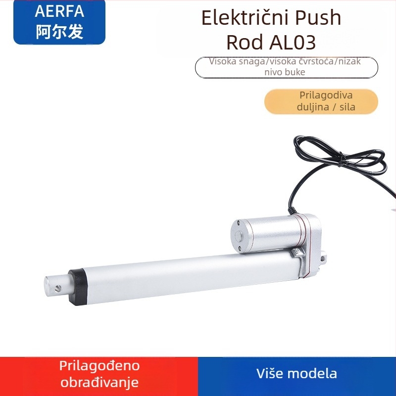 Električni linearni aktuator s napajanjem 24 V DC, hod 100 mm, potisna sila 1500 N, brzina 5 mm/s.