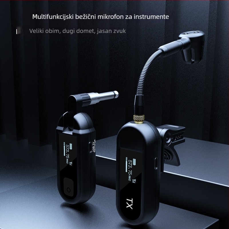 Bežični klip-mikrofon za glazbene instrumente – Model M-03, Bluetooth 5.0, baterija 1000–1200 mAh, trajanje 8–12 sati, kardioidno snimanje