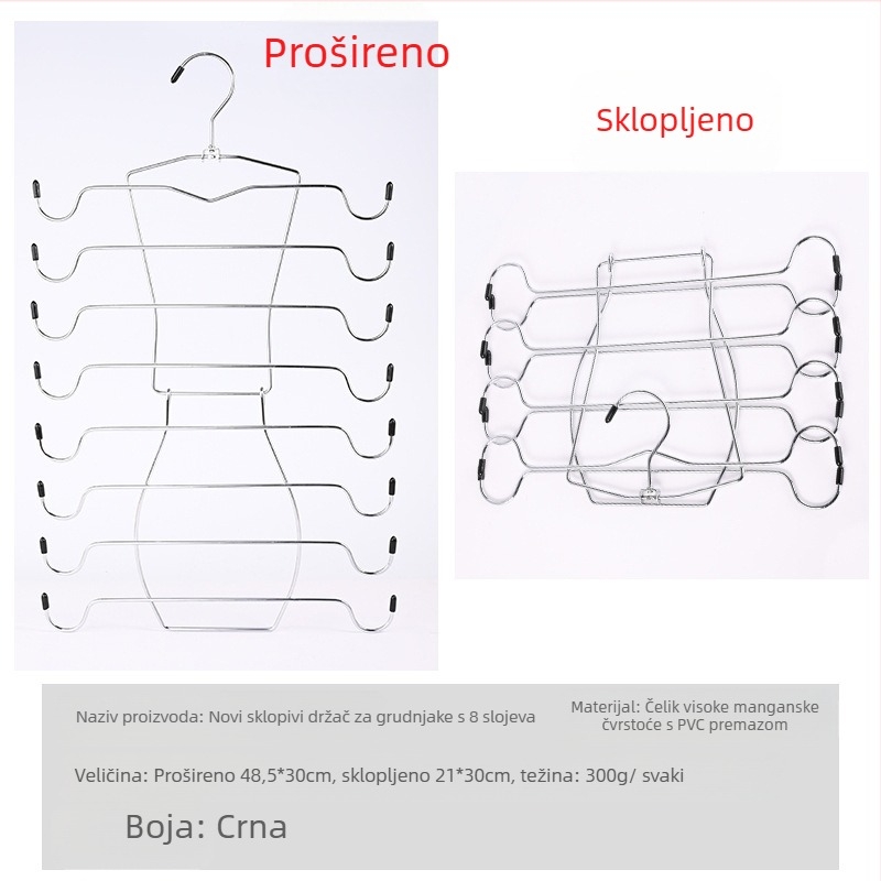 Metalni vješak za odjeću s osmeroslojnim sklopivim dizajnom, višestruka skladišna jedinica za vješalice, hlače i kravate