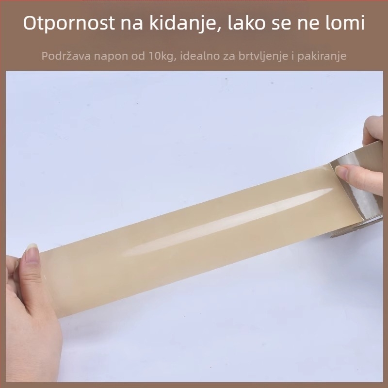 Tiha pakirna traka, BOPP osnova, debljina 50U, ljepilo na bazi topljivog ljepila, viskoznost 100 N/m, temperaturni raspon -10 do 60°C