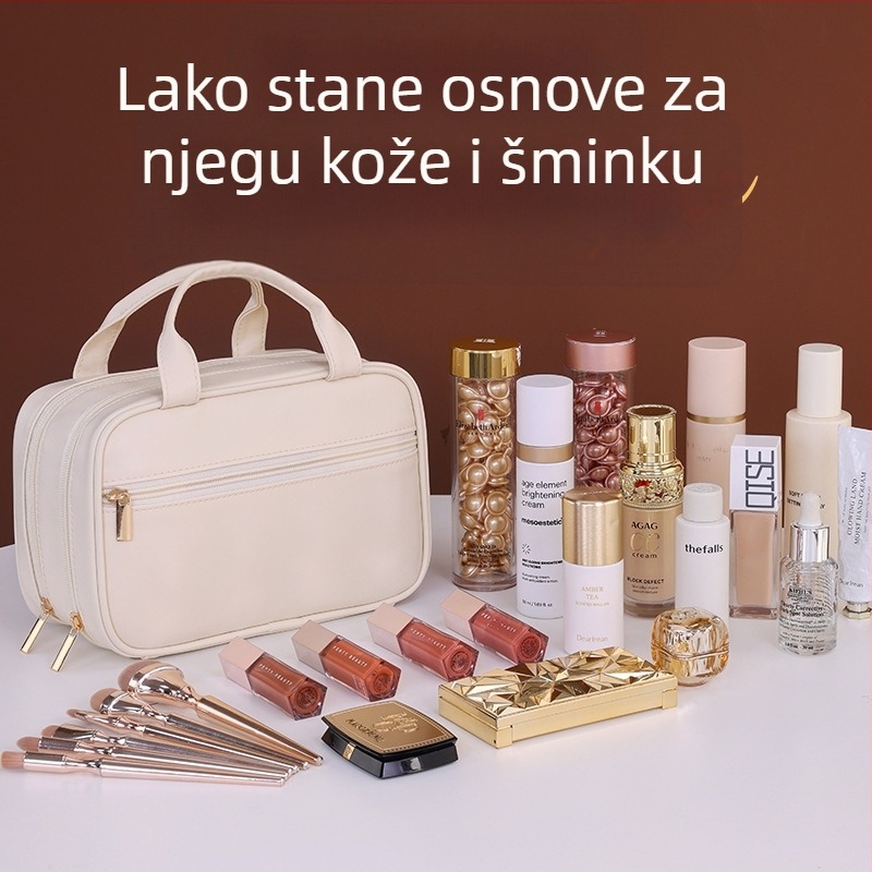 Šmink torbica u francuskom stilu s dvostrukim slojevima, velika kapaciteta, PU materijal, vodootporna, podijeljeni pretinci, pogodna za putovanja