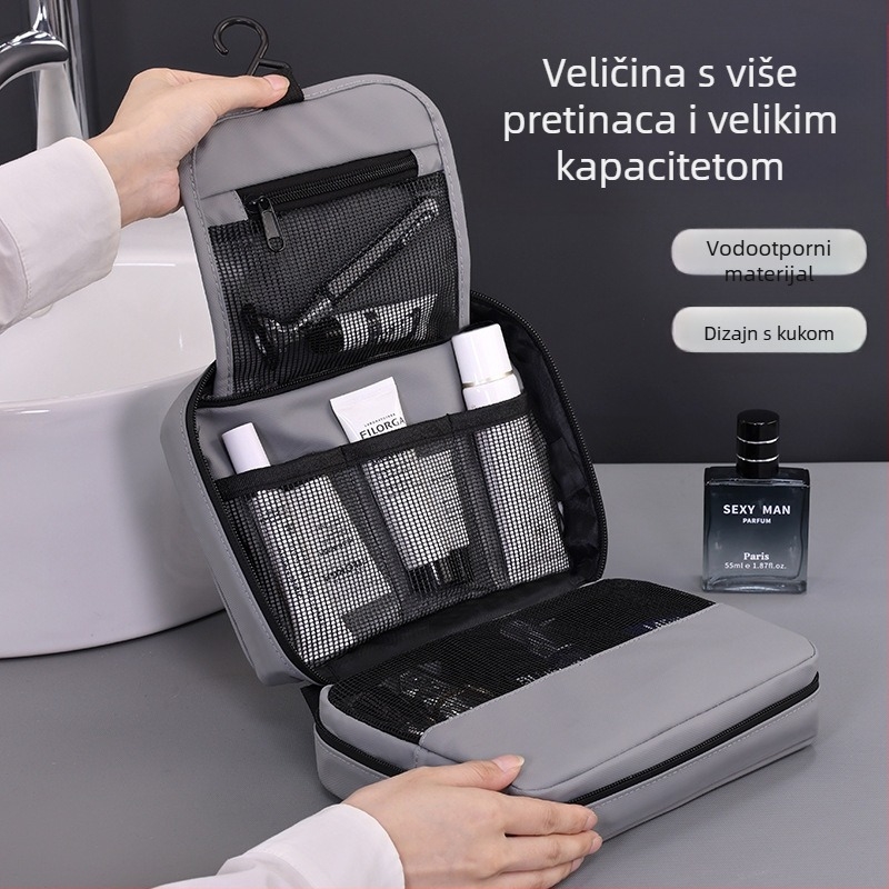 Putna torbica za toaletne potrepštine s visećim i sklopivim dizajnom, vodootporan membranski materijal, razdvojeni pretinci za kozmetiku i higijenske potrepštine