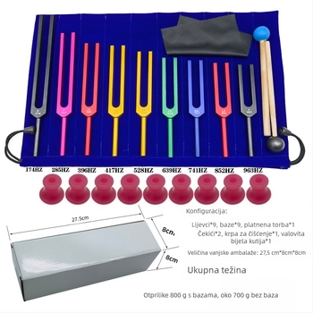 Set od 9 tonskih viljki od aluminijskog legura, model 174Hz-963Hz, raspon frekvencija 174–963 Hz, pakiranje bijela kutija