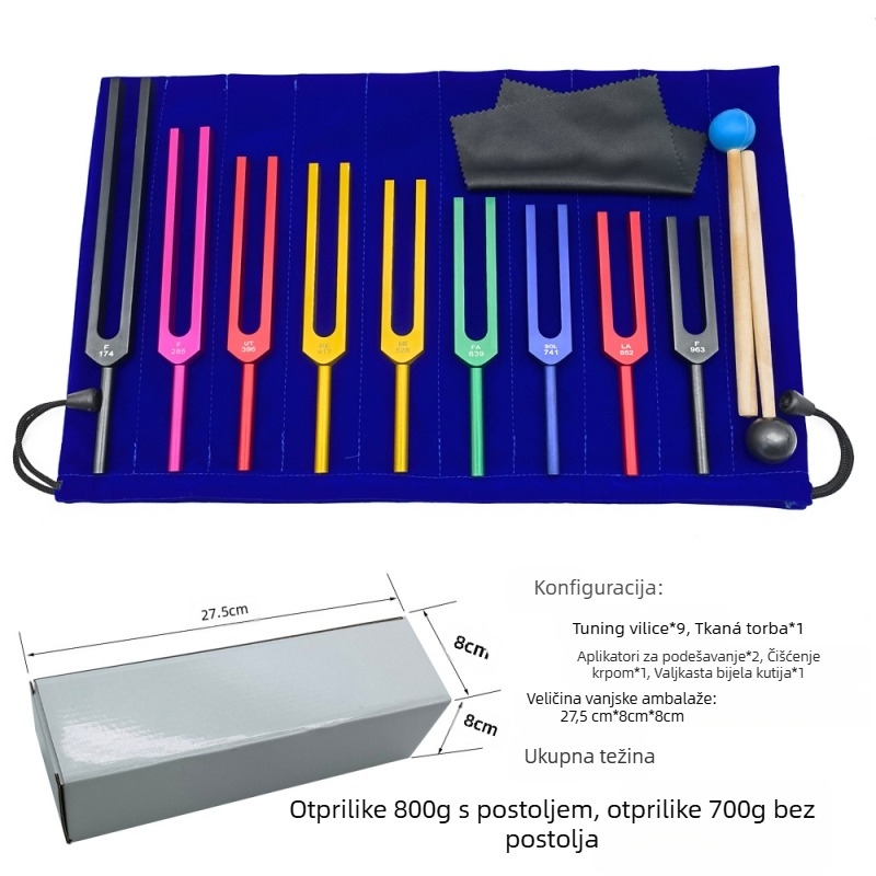 Set od 9 tonskih viljki od aluminijskog legura, model 174Hz-963Hz, raspon frekvencija 174–963 Hz, pakiranje bijela kutija