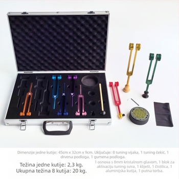 Set od osam tuning forks s aktivacijskim blokovima; čvrsta aluminijska legura; model 136.1Hz-272.2Hz; frekvencije: 126.22, 136.1, 141.27, 172.06, 194.18, 210.42, 221.23; glazbena terapija, fizioterapija, joga