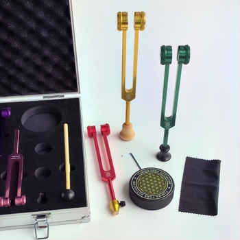 Set od osam tuning forks s aktivacijskim blokovima; čvrsta aluminijska legura; model 136.1Hz-272.2Hz; frekvencije: 126.22, 136.1, 141.27, 172.06, 194.18, 210.42, 221.23; glazbena terapija, fizioterapija, joga