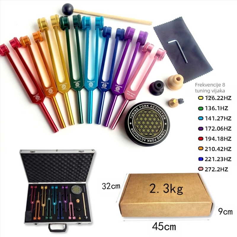 Set od osam tuning forks s aktivacijskim blokovima; čvrsta aluminijska legura; model 136.1Hz-272.2Hz; frekvencije: 126.22, 136.1, 141.27, 172.06, 194.18, 210.42, 221.23; glazbena terapija, fizioterapija, joga