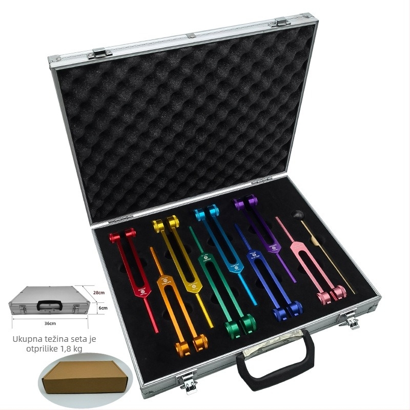 Set od osam tuning forks s aktivacijskim blokovima; čvrsta aluminijska legura; model 136.1Hz-272.2Hz; frekvencije: 126.22, 136.1, 141.27, 172.06, 194.18, 210.42, 221.23; glazbena terapija, fizioterapija, joga