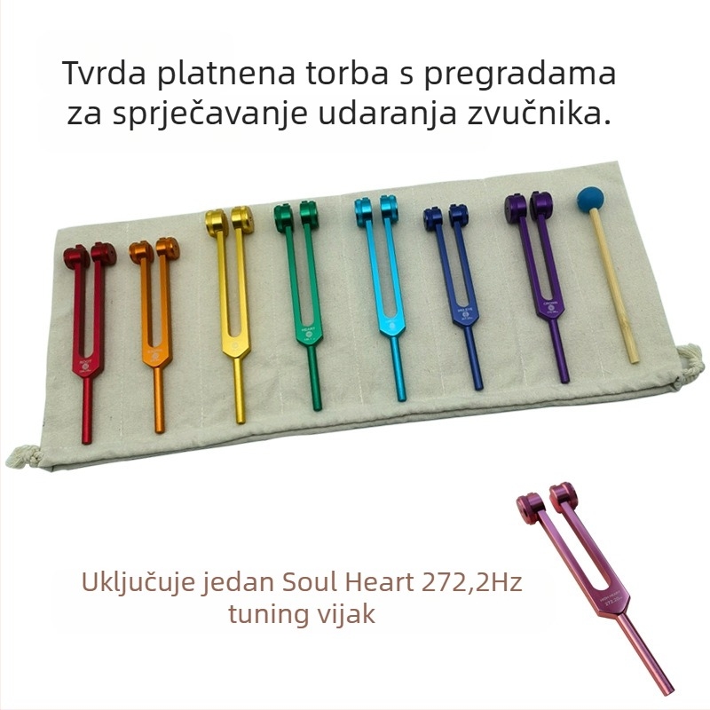 Set od osam tuning forks s aktivacijskim blokovima; čvrsta aluminijska legura; model 136.1Hz-272.2Hz; frekvencije: 126.22, 136.1, 141.27, 172.06, 194.18, 210.42, 221.23; glazbena terapija, fizioterapija, joga