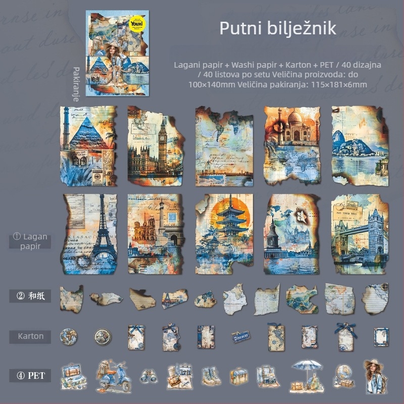 DIY scrapbooking dekorativne naljepnice — Dark Phantom retro Time Capsule serija, 90 komada, 4 dizajna, 60 g, bez ljepila, tiskanje