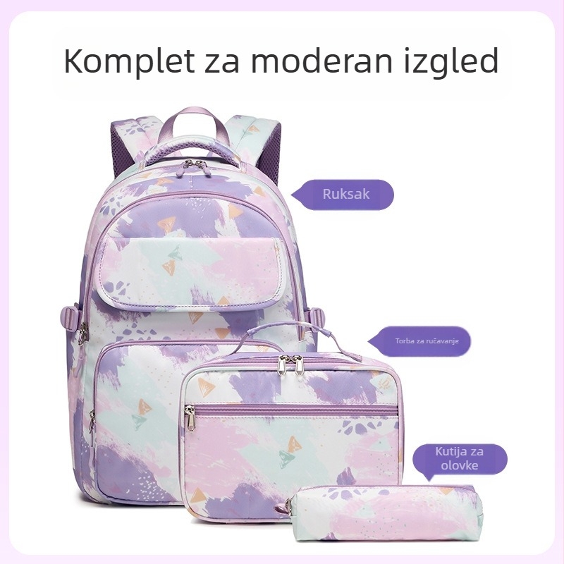 Trodjelni set školskih ruksaka s torbom za obrok i tiskanim dizajnom (Oxford platno; prozračan, vodootporan, ultra lagan, otporan na habanje; zakrivljene naramenice)