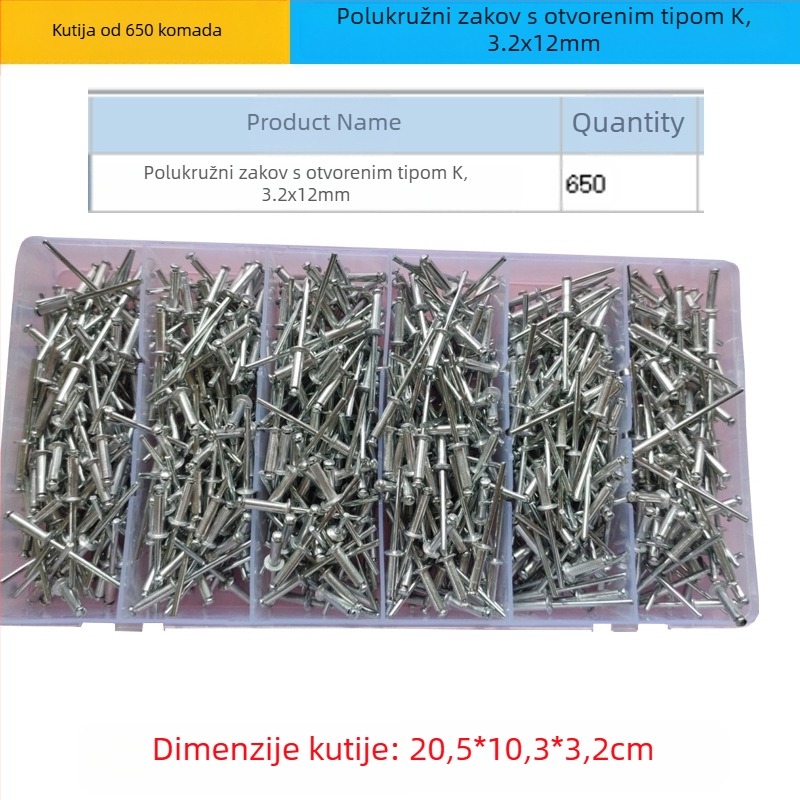 Set aluminijskih zakovica, 380 kom., s otvorima, polukružna glava (K oblik) i alat za zakivanje