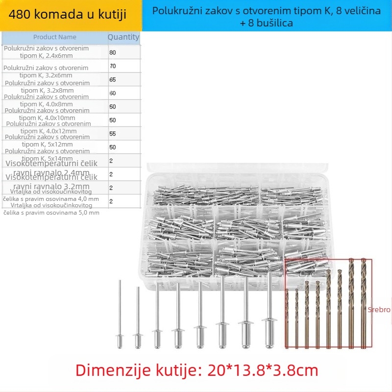 Set aluminijskih zakovica, 380 kom., s otvorima, polukružna glava (K oblik) i alat za zakivanje