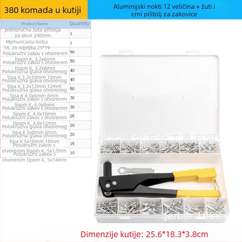Set aluminijskih zakovica, 380 kom., s otvorima, polukružna glava (K oblik) i alat za zakivanje