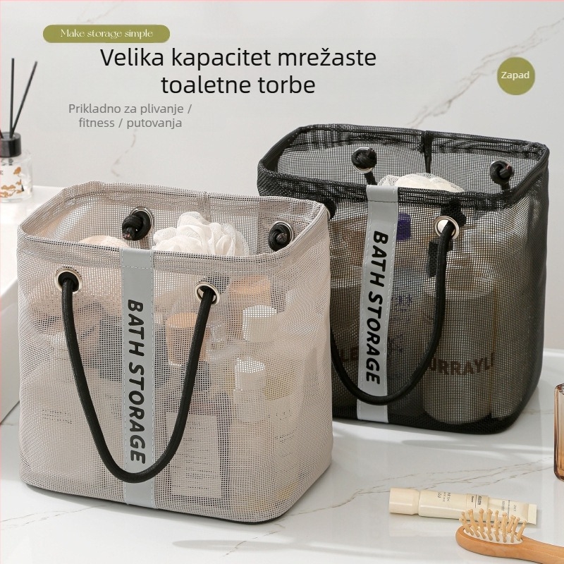 Kockasta torbica za kozmetiku s prozračnom plastičnom mrežom – moderan jednostavan stil (Cube type; Plastic mesh; Breathable; Modern simplicity)