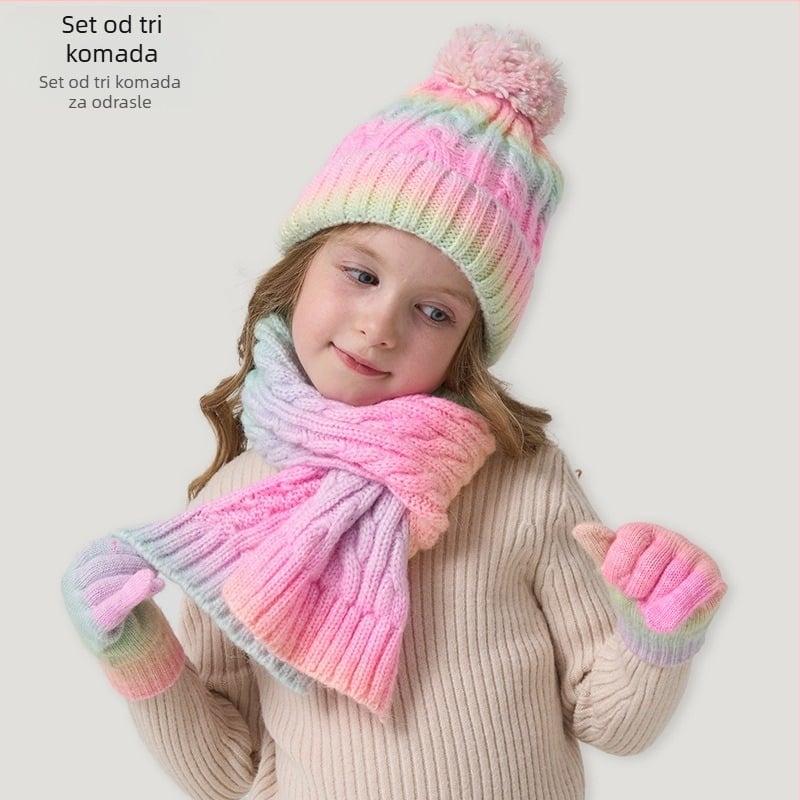 Zimski trodijelni set: kapa, šal i rukavice – kapa s kupolom bez rubne, akrilna vlakna >96%, za djecu 1–2, 2–4 i 4–6 godina