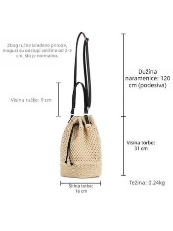 Bucket torba s pletenim dizajnom, papirnati materijal, otvaranje šnoljom, unutarnja ID pretinac, dvostrane naramenice