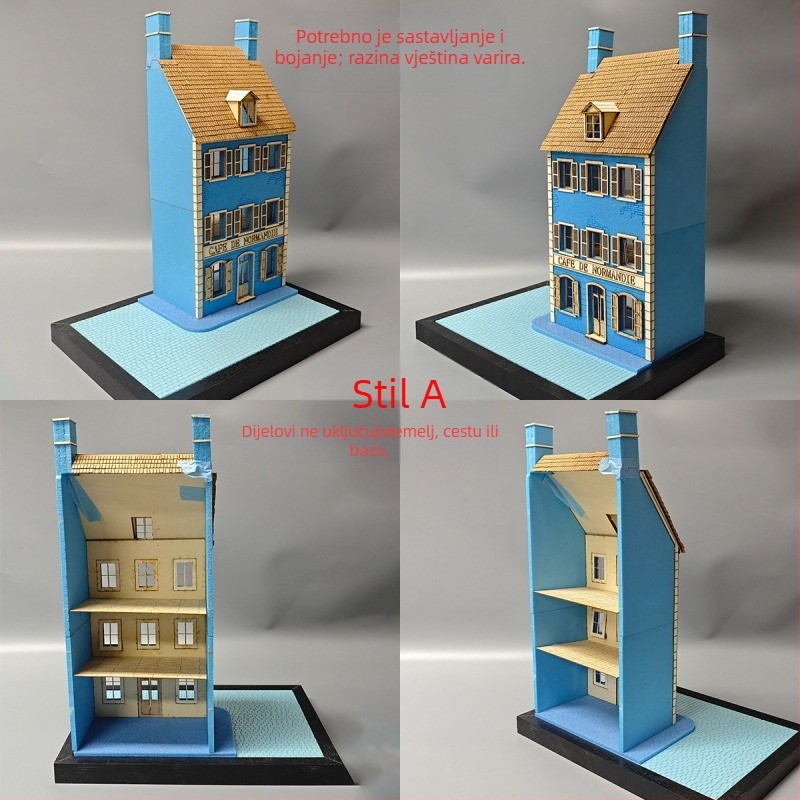 Drveni dioramski model-set za slaganje, scena kafić i kuća, skala 1:35