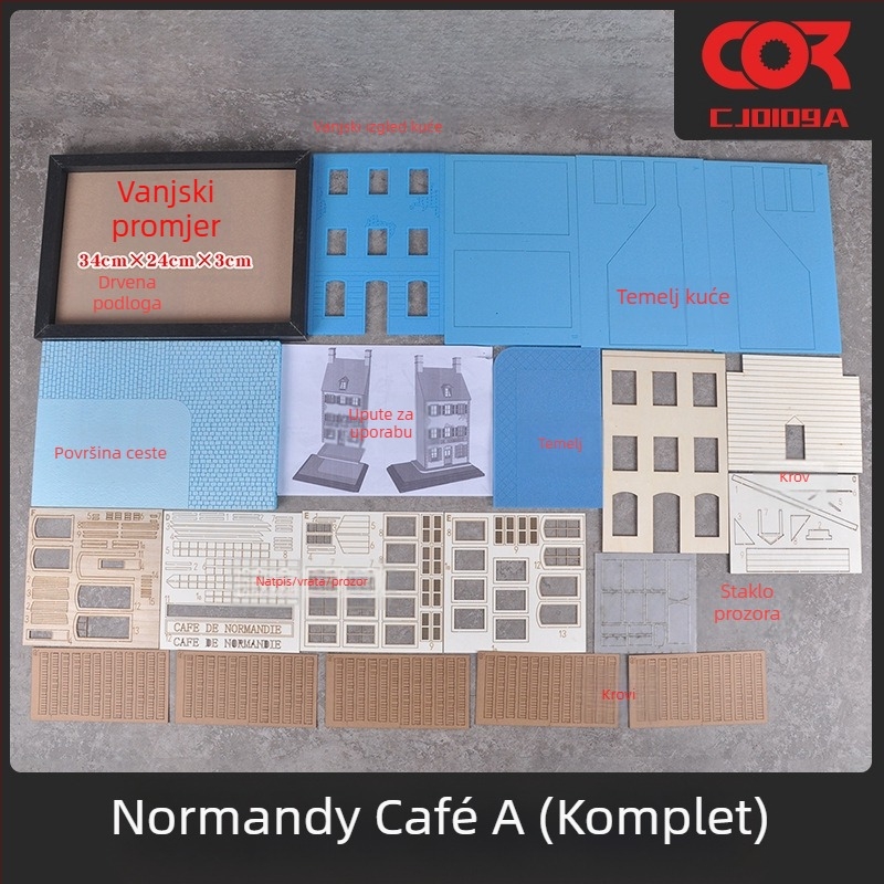 Drveni dioramski model-set za slaganje, scena kafić i kuća, skala 1:35