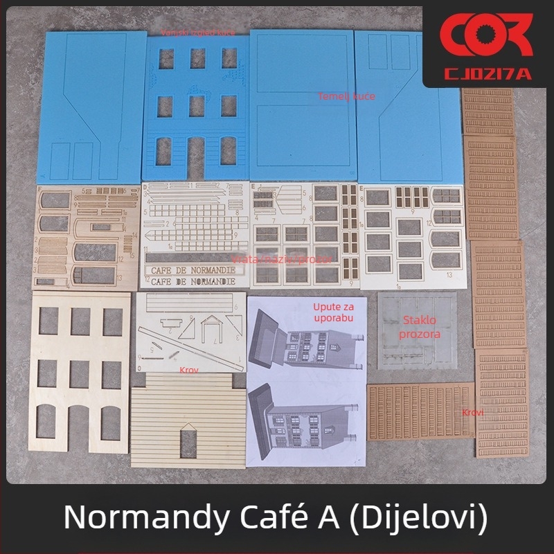 Drveni dioramski model-set za slaganje, scena kafić i kuća, skala 1:35