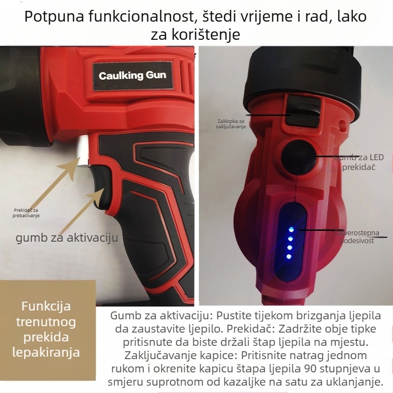 LED električni pištolj za ljepilo s Li-ion baterijom, za staklenu ljepilo i tvrdo ljepilo, 21V