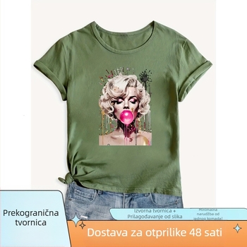 Majica s portretom tiska, ženska majica s okruglim izrezom, kratki rukavi, opušten kroj, poliester
