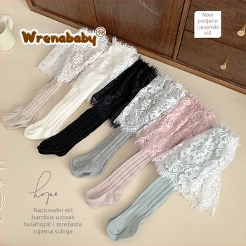 Dječje čipkaste hlačice s suknjom i dizajnom bamboo-joint, visok pojas, pamuk-mješavina (85% pamuka), proljeće–jesen, bez otvora na preponama, u korejskom stilu, za djecu 3–8 godina