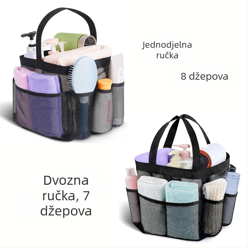 Neseser za toaletne potrepštine s jednom ili dvostrukom ručkom, zatvarač na šnuru, prozračna mrežasta tkanina, više džepova za putovanja