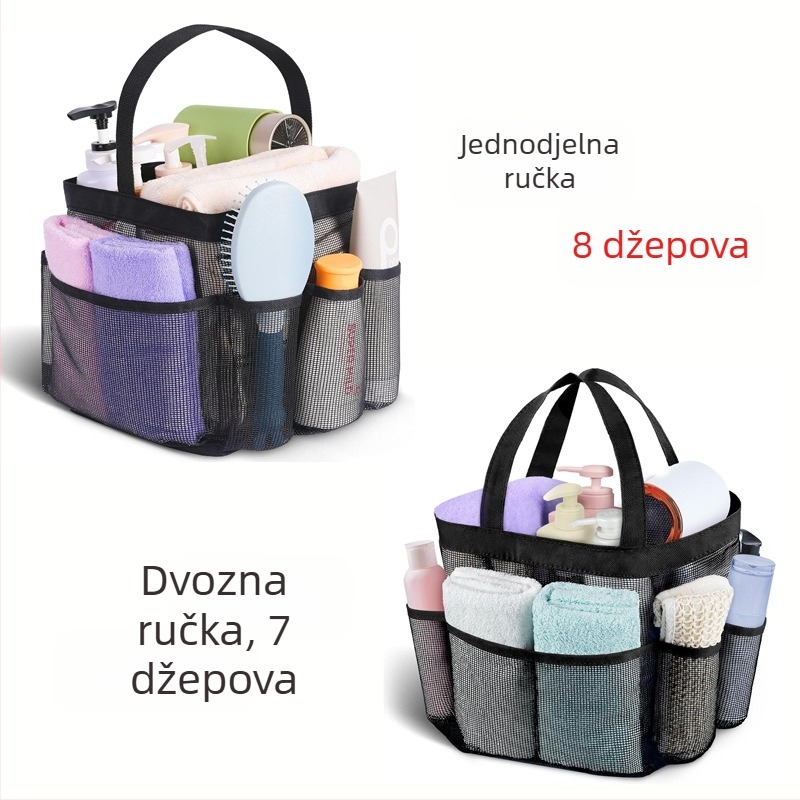 Neseser za toaletne potrepštine s jednom ili dvostrukom ručkom, zatvarač na šnuru, prozračna mrežasta tkanina, više džepova za putovanja