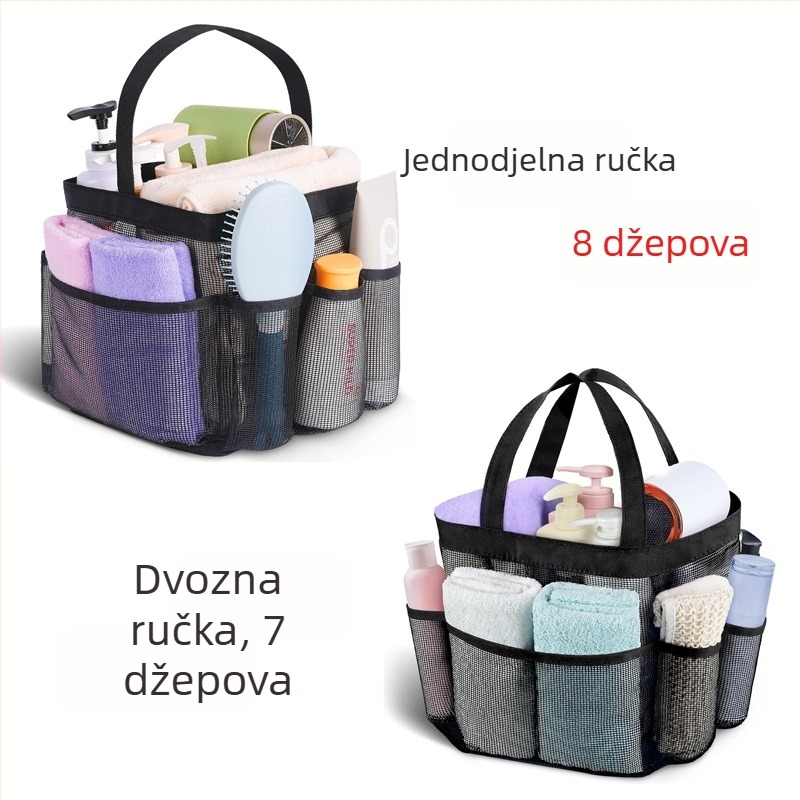Neseser za toaletne potrepštine s jednom ili dvostrukom ručkom, zatvarač na šnuru, prozračna mrežasta tkanina, više džepova za putovanja