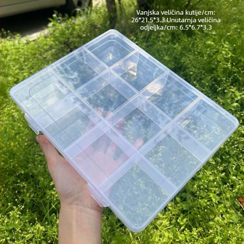 Stolna kutija za pohranu s 12 odjeljaka i pretincem za kartice, PP plastika, prozirna, s podjelicama, može se slagati, otporna na prašinu, kapacitet 1,6 L