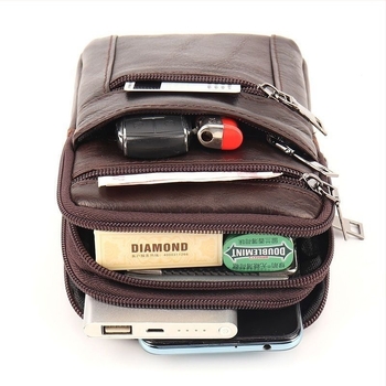 Torba za mobitel od prave kože, gornji sloj teleće kože, zatvarač, uspravni kvadratni oblik, podstava od poliestera